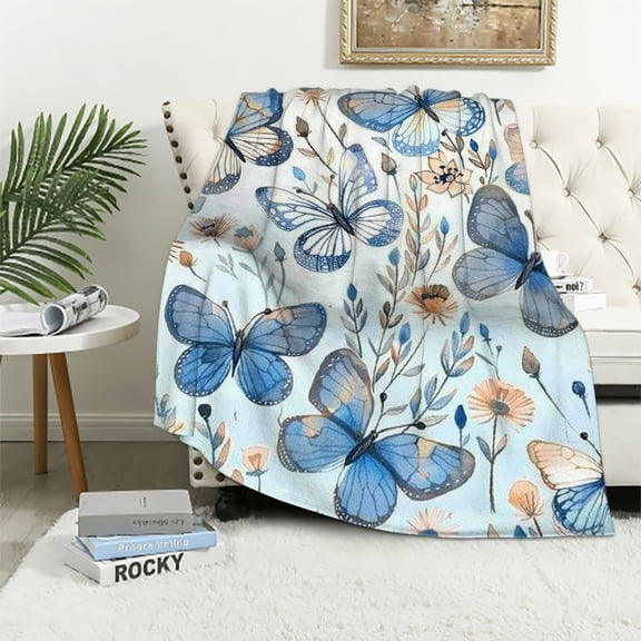 JRXY Butterfly Print Sherpa  Blanket for Women  White Vintage Blue Watercolor Butterflies Pattern Fuzzy Soft Bed Blanket for Couch Sofa Bed King White