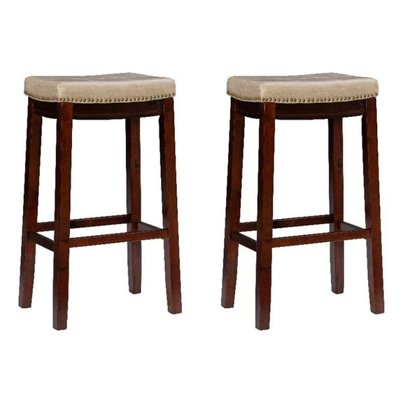 Linon Claridge Wood Set of 2 Bar Stools Beige Faux Leather Seats in Brown Finish