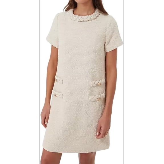 Womens Tweed Dress Elegant Crew Neck Short Sleeve Button Bodycon Mini Dress