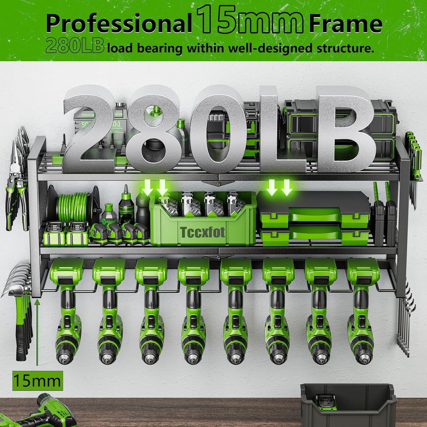 3 Layer Wall Mount Tool Organizer with 8 Drill Slots, Heavy Duty Garage Storage Rack for Tools, Gifts for Men