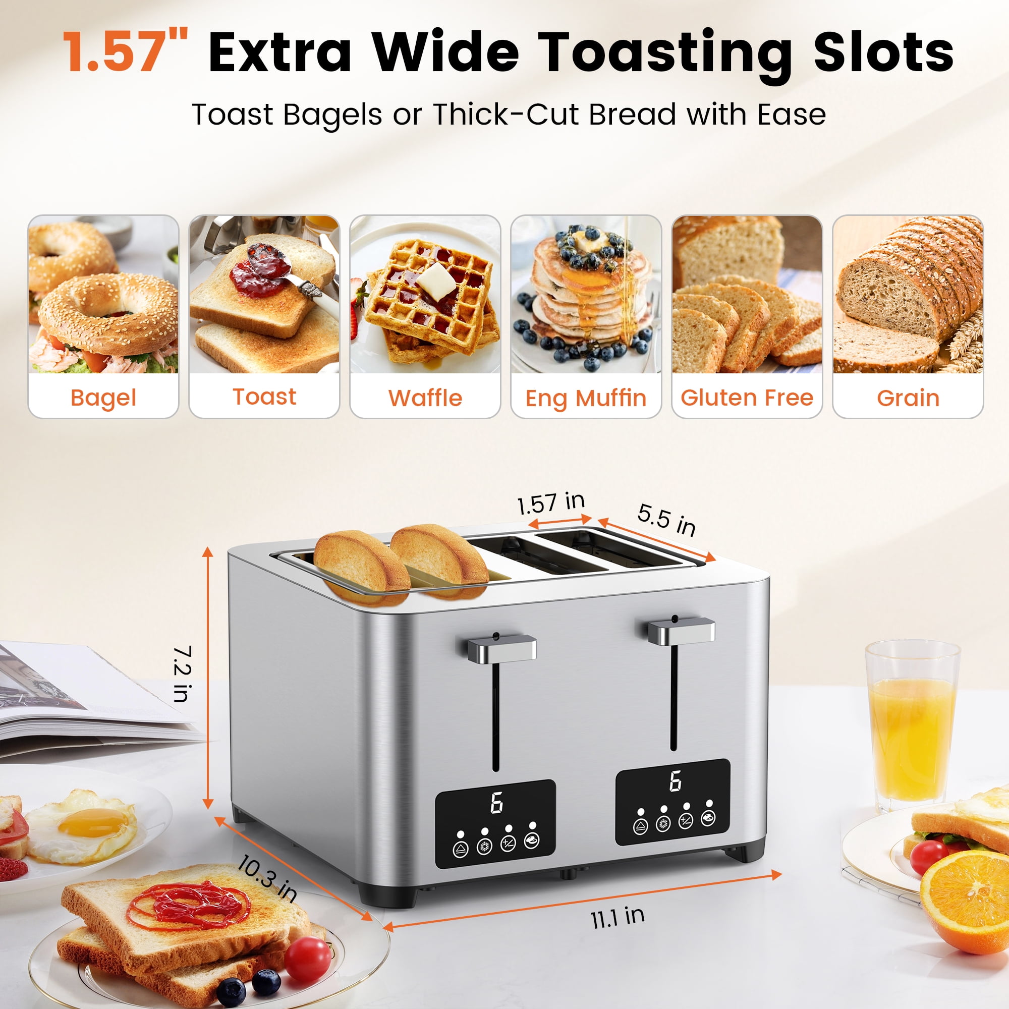 Suodoka Toaster 4 Slice with Touchscreen, Stainless Steel Bread Toaster, 6 Browning Shade Settings,1.57 inch Wide Slots with Reheat, Cancel, Defrost Functions, New