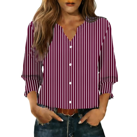 Sexlip Womens Striped Button Down Shirt 3/4 Sleeve Design Breathable Fabric Relaxed Silhouette for Casual Outings Purple L