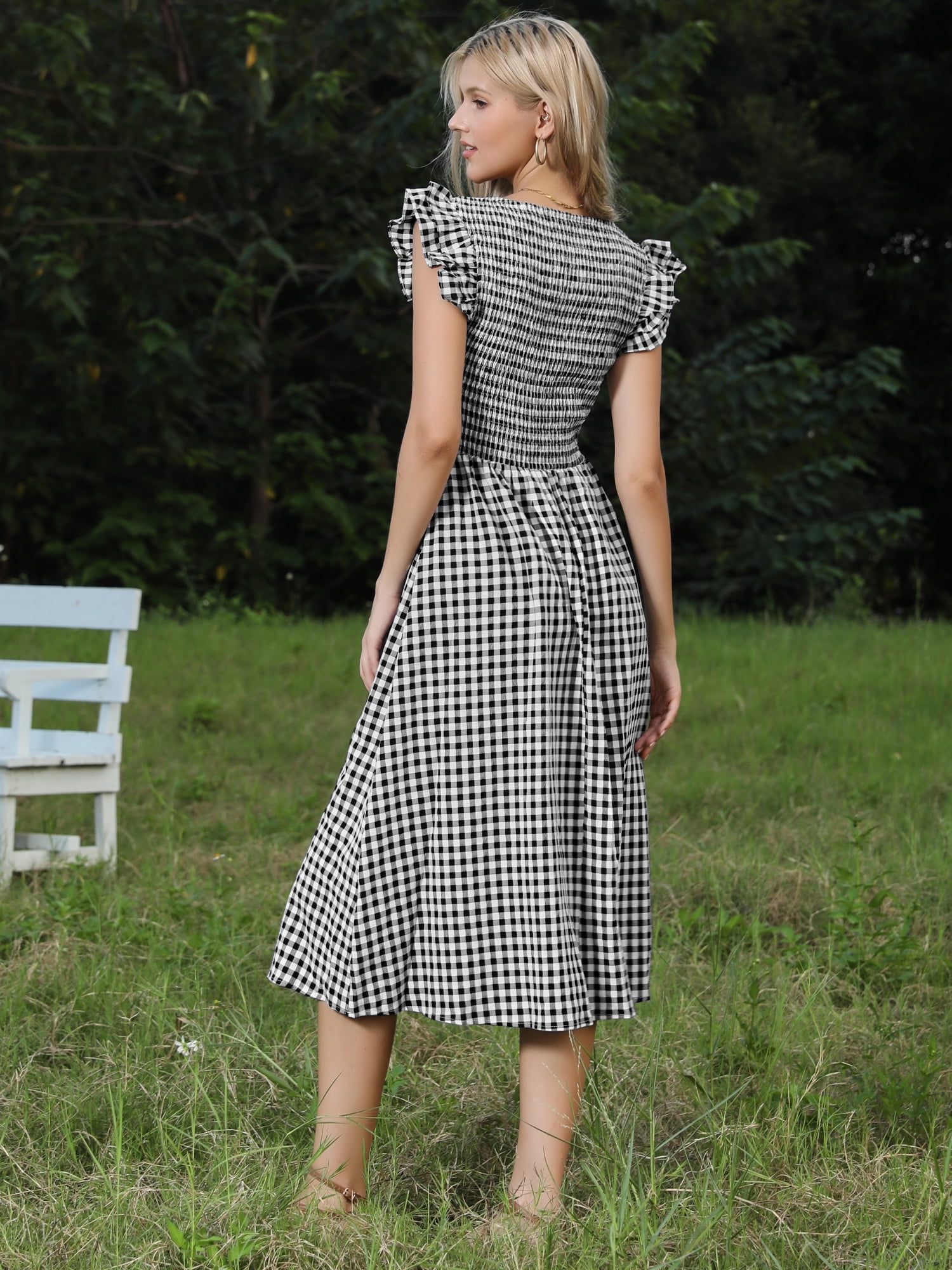 DARING DIVA Women's Gingham Sleeveless Summer Ruffle A-Line Casual Midi Dresses S Black