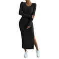 thumbnail image 3 of Women'S Fall Long Sleeve Casual Ribbed Knit Slim Fit Elegant Crew Neck Side Slit Maxi Dresses Black S, 3 of 9