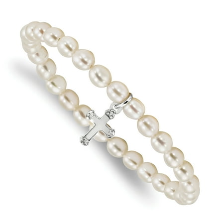 - Sterling Silver Cross Freshwater Cultured Pearl 5 inch Stretch Bracelet