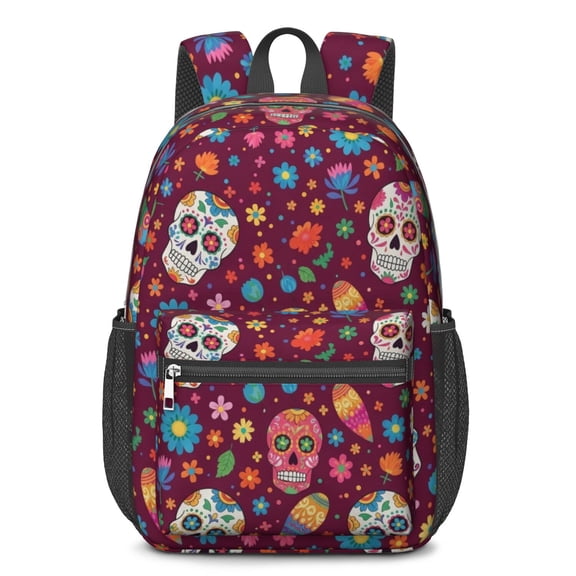 Skull and Flower Gothic Pattern 17" School Backpacks for Teens,Waterproof Oxford Fabric,S-Shape Padded Straps for School,Travel,Hiking,Camping
