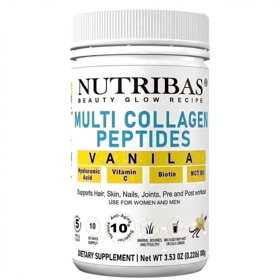 Nutribas® Protein Multi Collagen Peptides Powder Whole Body Support Formula With MCT, Vitamin C, Biotin & Hyaluronic Acid , Vanilla, 4 oz
