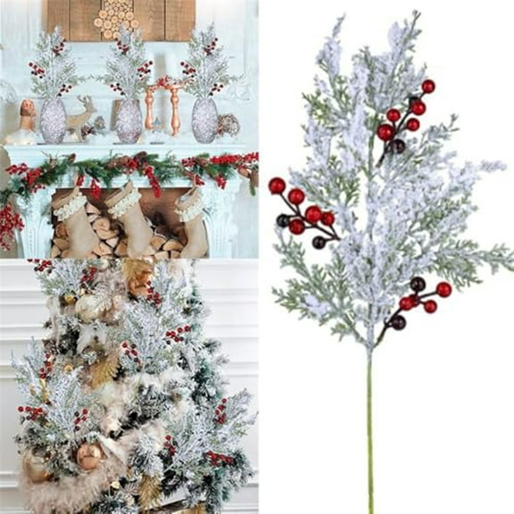 Artificial Christmas Flowers With Red Berry Stems, Fake Norfolk Garland Branches For Winter Decor, Faux Christmas Garland Tree Picks And DIY Crafts 19.3 Inch