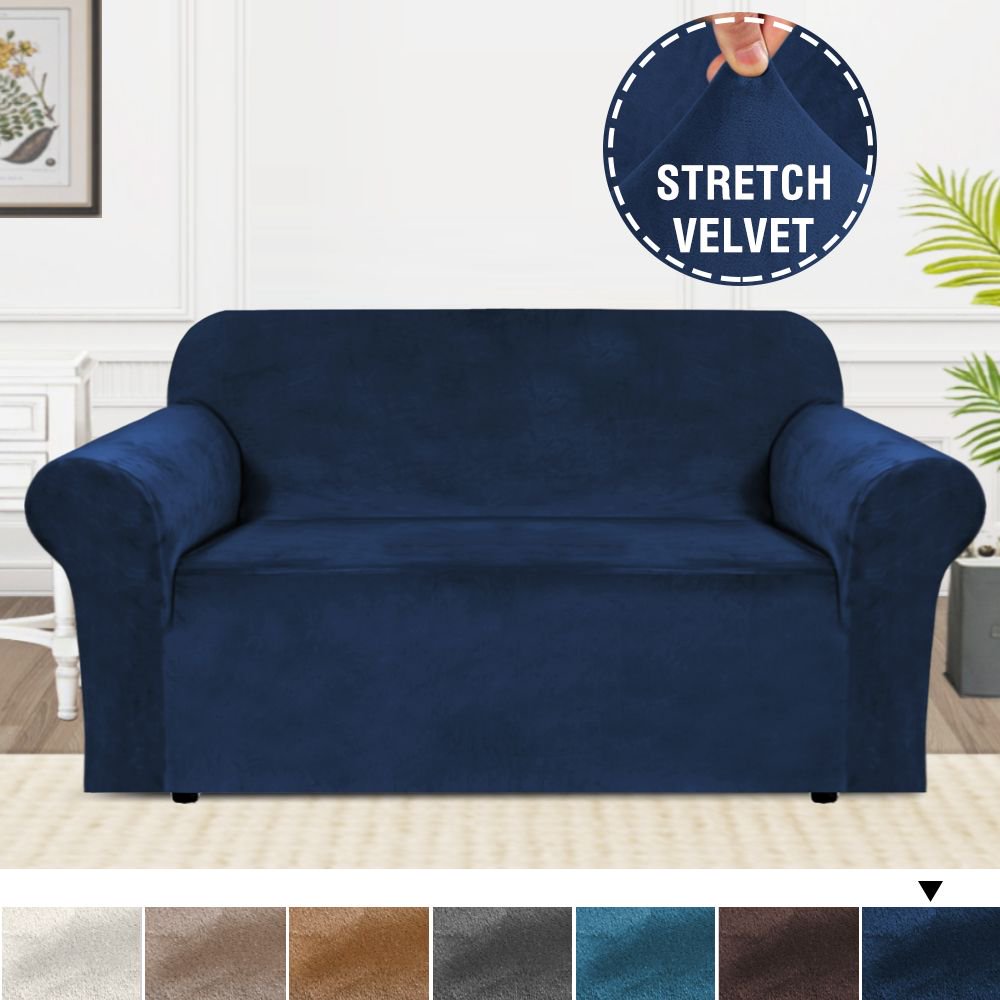 H.VERSAILTEX 1Piece Luxury Velvet Loveseat Stretch Slipcover, Navy