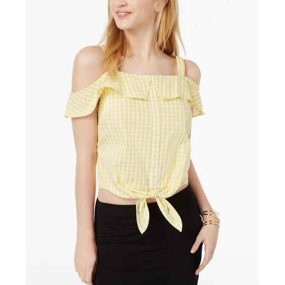 Ultra Flirt By Ikeddi Juniors Cotton Cold Shoulder Gingham Top Yellow White Gingham XL