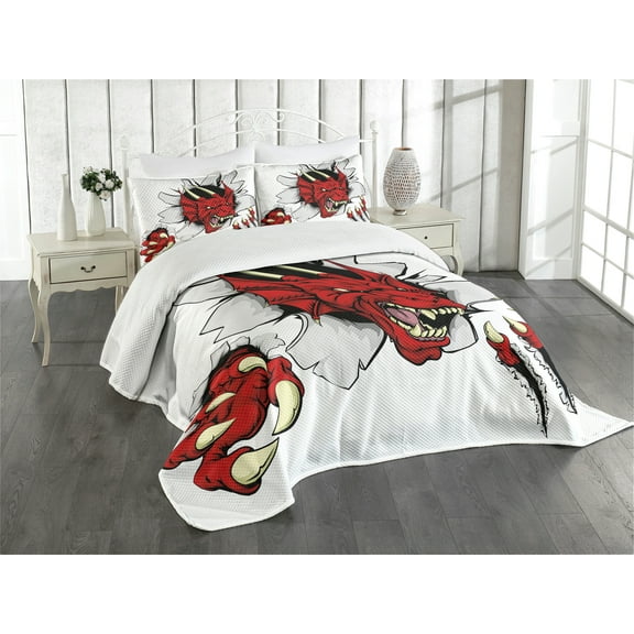 Ambesonne Dragon Quilted Bedspread Set 3 Pcs, Retro Pop Art Caricature, Queen Size, Ruby Pale Grey Cream