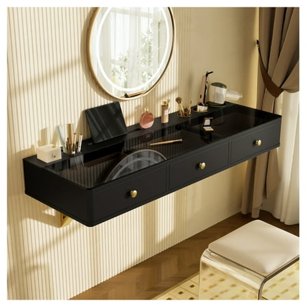 GO 47" Floating Shelf with Drawer, Wall-Mounted Vanity Desk for Bedroom, Bathroom or Salon, Black & Gold