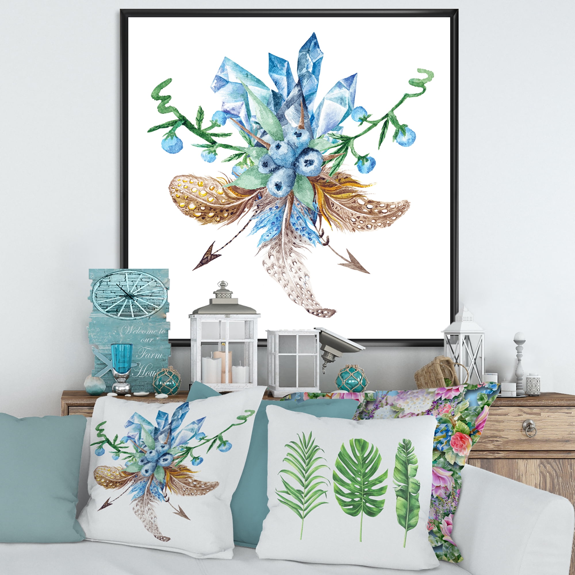 Designart 'Fresh Tribal Vignette Wild Forest Wreath Design On White I' Traditional Framed Canvas Wall Art Print