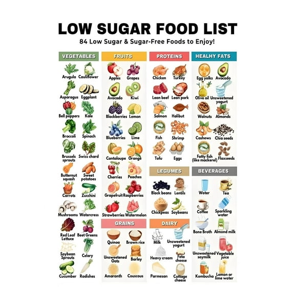 LOW SUGAR FOOD LIST Posters And Prints Wall Art Pictures for Living Room Bedroom Decor  poster