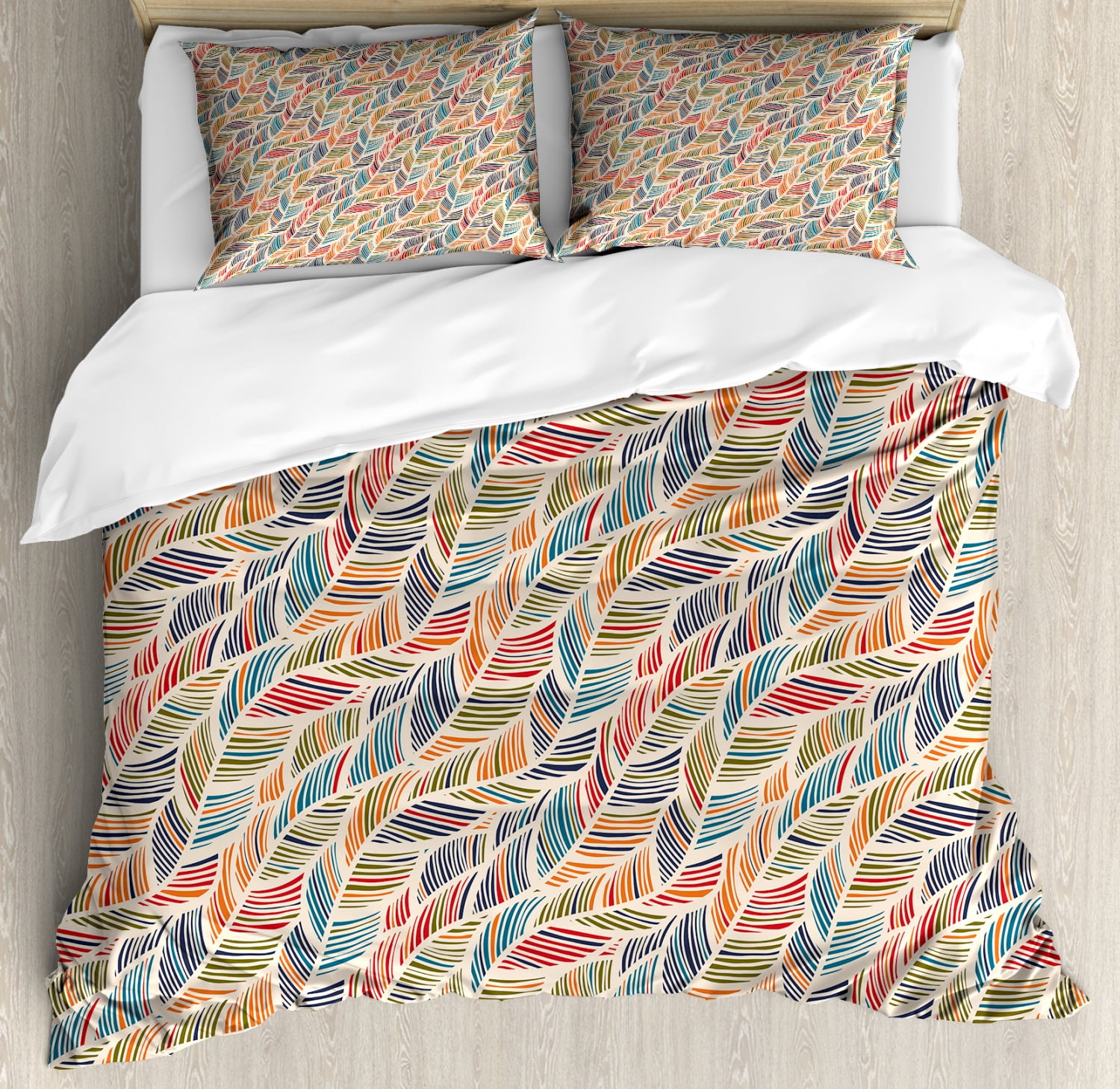 Boho Duvet Cover Set Abstract Feather Wave Pattern With Retro