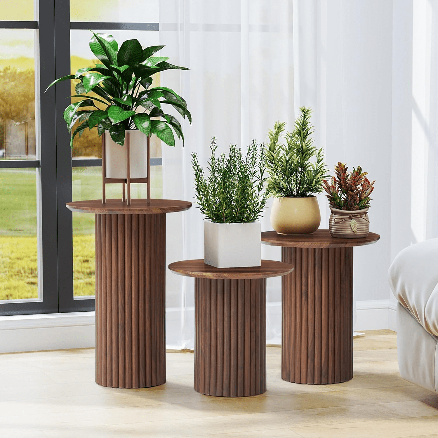 LEFHDA Fluted Round End Tables Set of 3, Mid Century Modern Wooden Coffee Table, Small Bedside Table Accent Cabinet for Living Room, Bedroom, Entryway (Walnut)