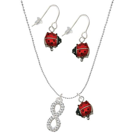 Delight Jewelry Silvertone Crystal Infinity Sign Red Lucky Ladybug Necklace and Dangle Earrings Set
