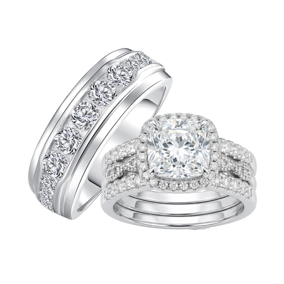 SFTING Wedding Rings Set for His and Her 3pcs Couples Wedding Ring Engagement Promise Ring Set Silver 18K Plated Women Mens Band 5A CZ Size 9&7