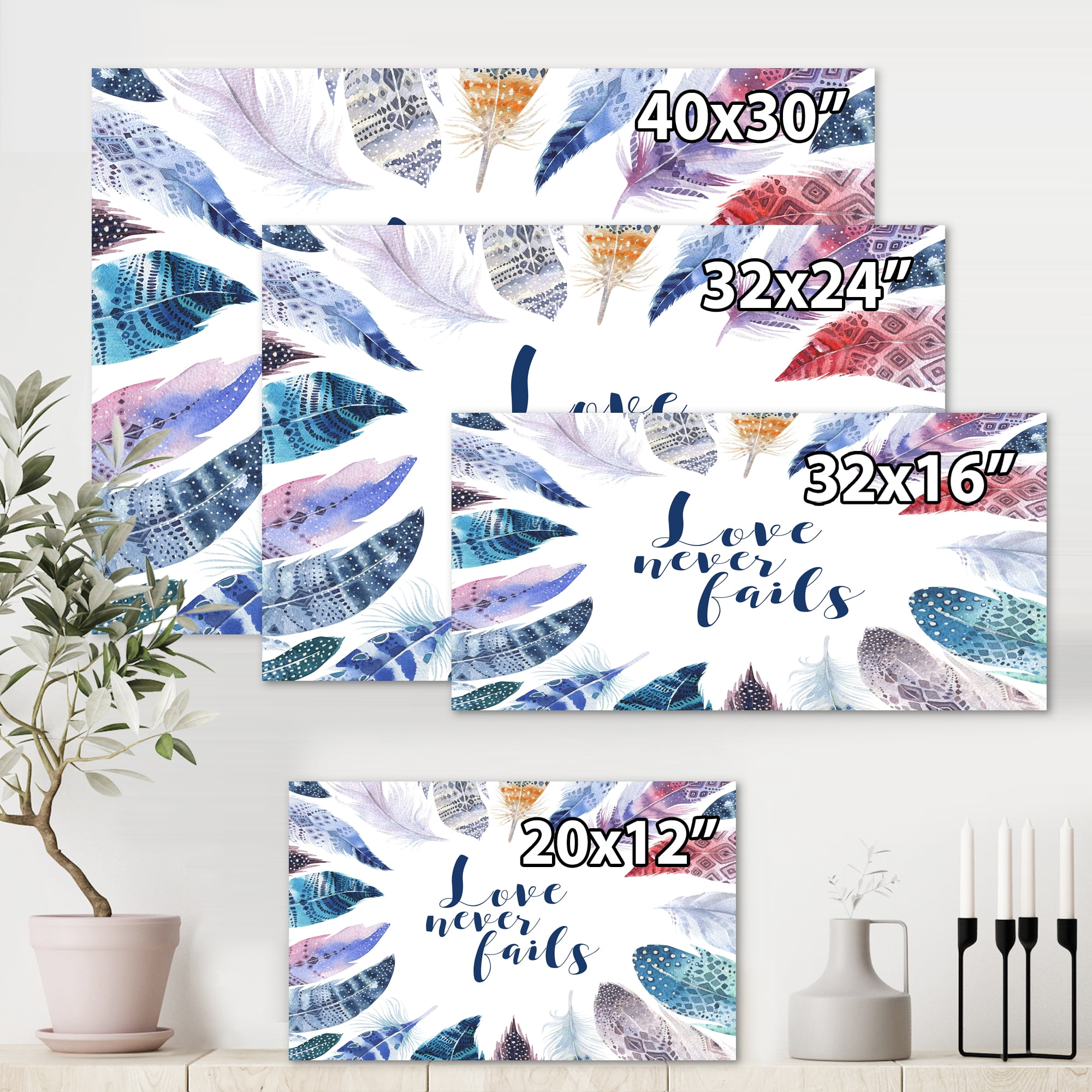 Designart ' Inspiring Quote With Boho Feathers ' Bohemian & Eclectic Canvas Wall Art Print