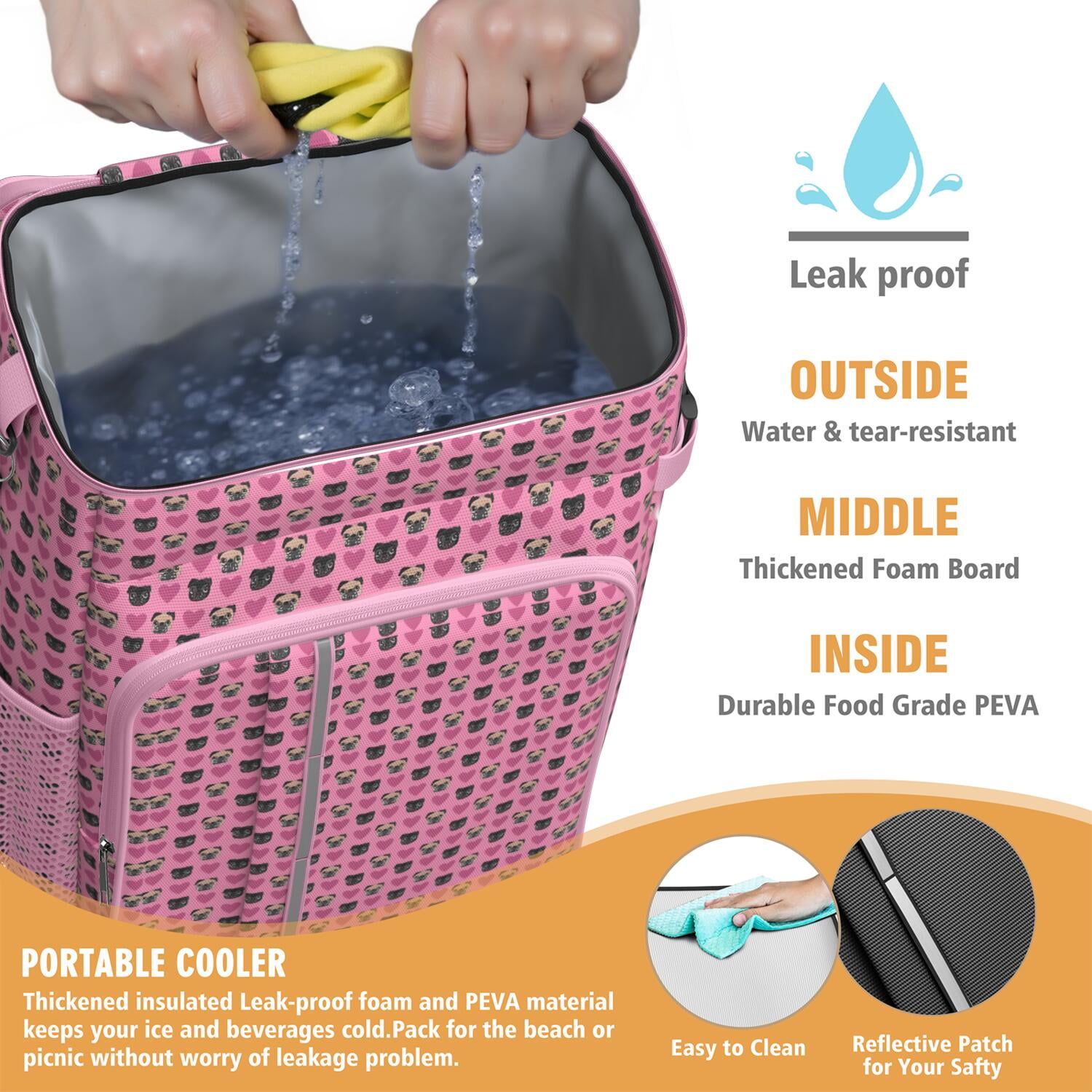 Travel Cooler Bag - Pink Pug Puppies Camping Beer Cooler Backpack with Bottle Opener- Waterproof Insulated Picnic Backpacks - Cooler Bag for Beach