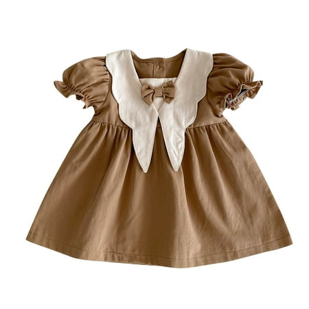 

Lovskoo 6M-3T Infant Toddler Baby Girl s Summer Dress Solid Puff Sleeve Bowknot Front Dress Doll Collar Short Sundresses Khaki