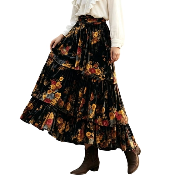 Wxolcjlv Women's Floral Print Tiered Maxi Skirt Elastic Waist Vintage Bohemian Long Skirts