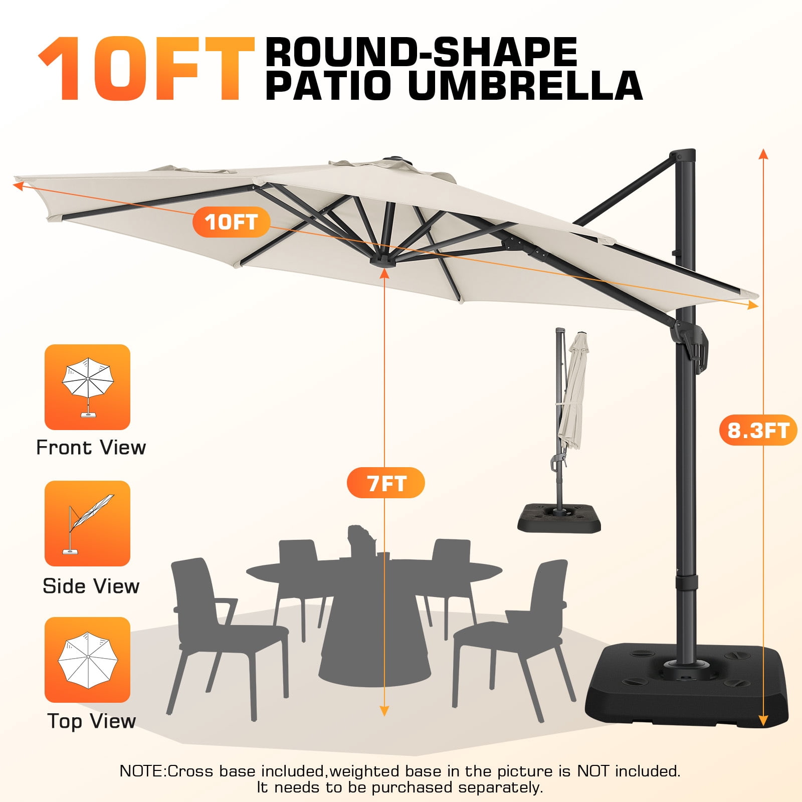 COBIZI 10ft Offset Hanging Market Patio Umbrella with Easy Tilt Adjustment, Outdoor Cantilever Round Umbrella Aluminum Umbrella with 360-degree Rotation for Garden Deck Pool Patio, Beige