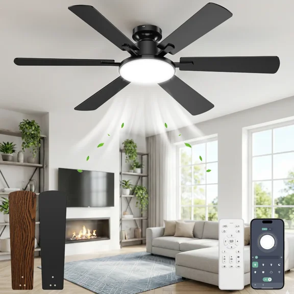52 Inch Ceiling Fans with Lights, Upgraded 6 Blades Ceiling Fan with Light Remote, Quiet 6 Speed Reversible DC Motor, Modern Design 3CCT Dimmable LED, Double Sided for Bedroom Livingroom