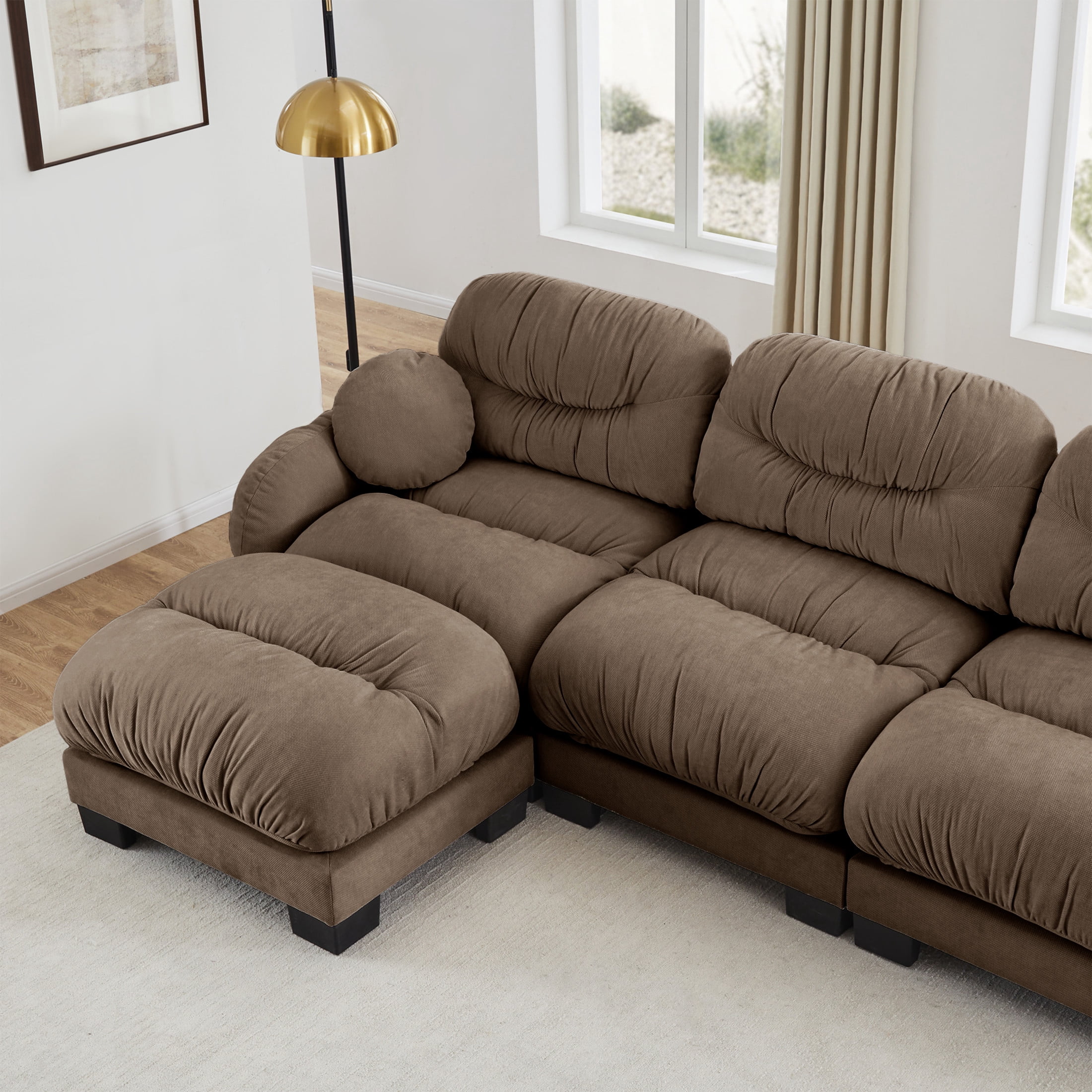 Noble House Corlan Pleated Chenille 3-Seater Sectional Sofa, Modular Deep Seat Couch with Ottoman and Throw Pillows, Brown