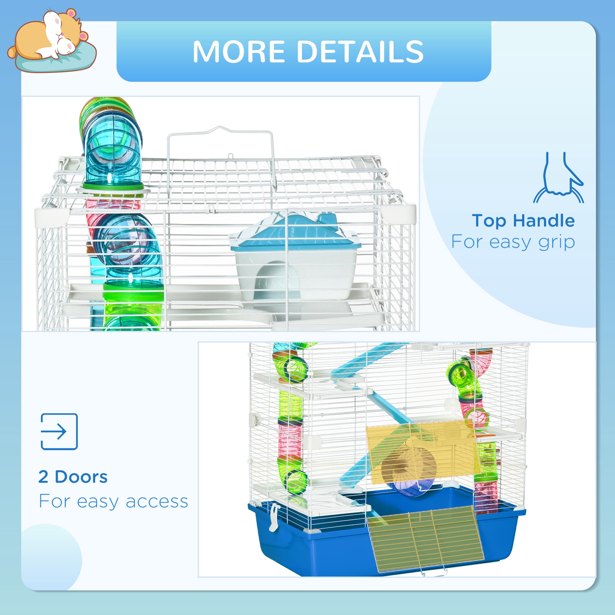 Extra Large 23" Hamster Cage with Tubes and Tunnels, Portable Carry Handles, Rat House and Habitats Big 5-Tier Design, Includes Exercise Wheel, Water Bottle, Food Dish, Blue