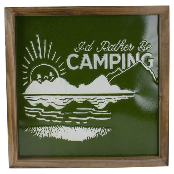 Raz 14ā Green and White I'd Rather Be Camping Metal Wall Art