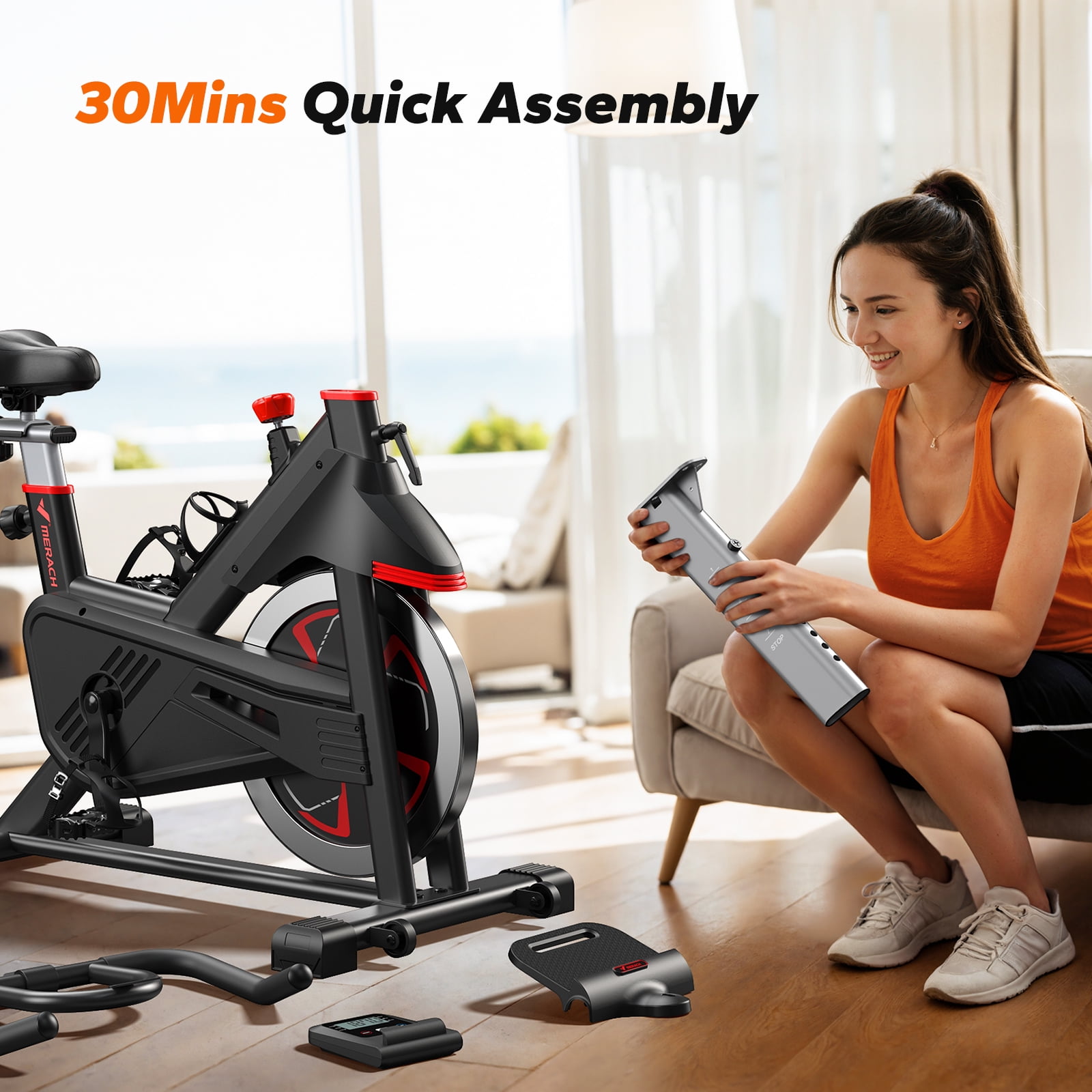 MERACH Exercise Bike Indoor Stationary Cycling Bike with 350lbs Weight Capacity 100 Resistance with LED Monitor Free APP Silent Belt Drive and Comfortable Seat Cushion for Cardio Workout