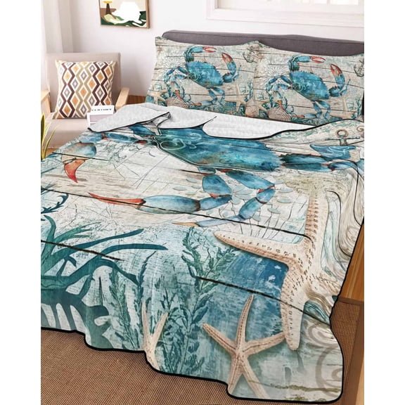 Teal Crab Coastal Queen Size Down Alternative Comforter, Lightweight Comforter Quilt Bedding Set with Pillow Shams Summer Beach Nautical Starfish Retro All Seasons Bed Comforter Duvet Insert 90"x96"