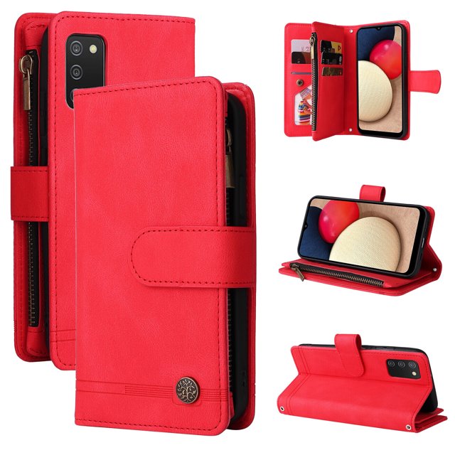 Case for Samsung Galaxy A02S Cover Zipper Pocket Wallet Case Magnetic Protective - Red