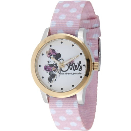 Disney Minnie Mouse Women's Two Tone Alloy Watch, Reversible Pink with White Polka Dot Nylon Strap