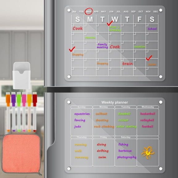 FUYGRCJ Magnetic Dry Erase Calendar Whiteboard Set for Refrigerator,Wall,with Monthly,Magnetic Weekly Meal Planner,Clear Menu Board Refrigerator Dry Erase Board for Fridge with 6 Dry Erase Markers