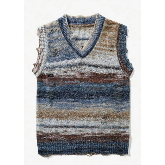 Men's retro oil painting style casual knitted vest, V-neck sleeveless asymmetrical striped sweater vest