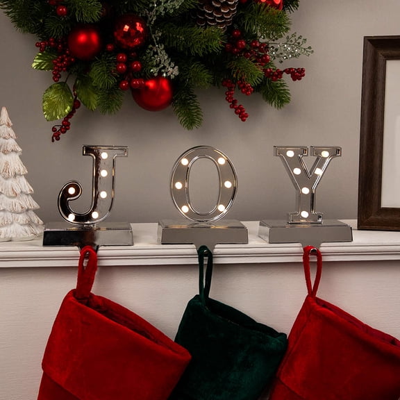 Northlight LED Lighted Joy Christmas Stocking Holders - 5.75" - Silver - Set of 3