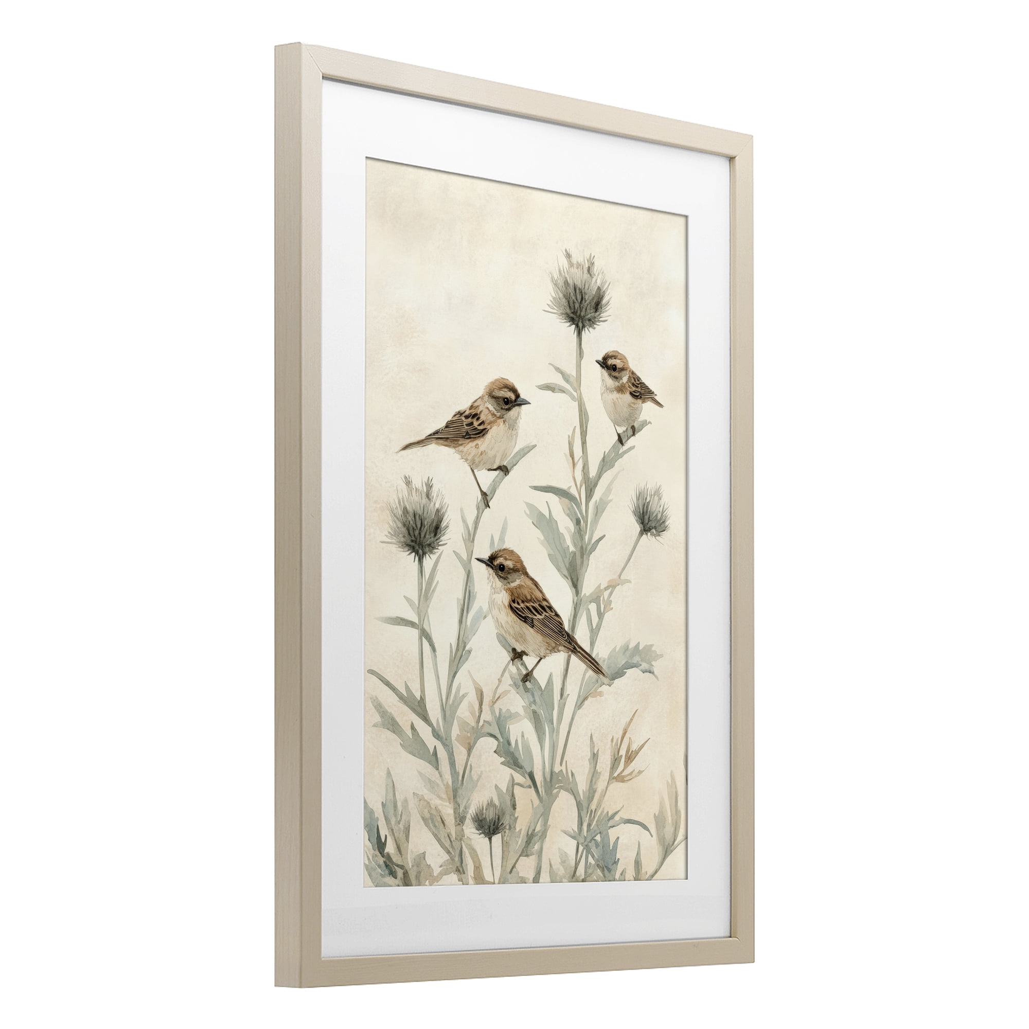 Stupell Industries Sparrows on Thistle Stems Birch Framed Print Under Glass, design by Petal Prints Design