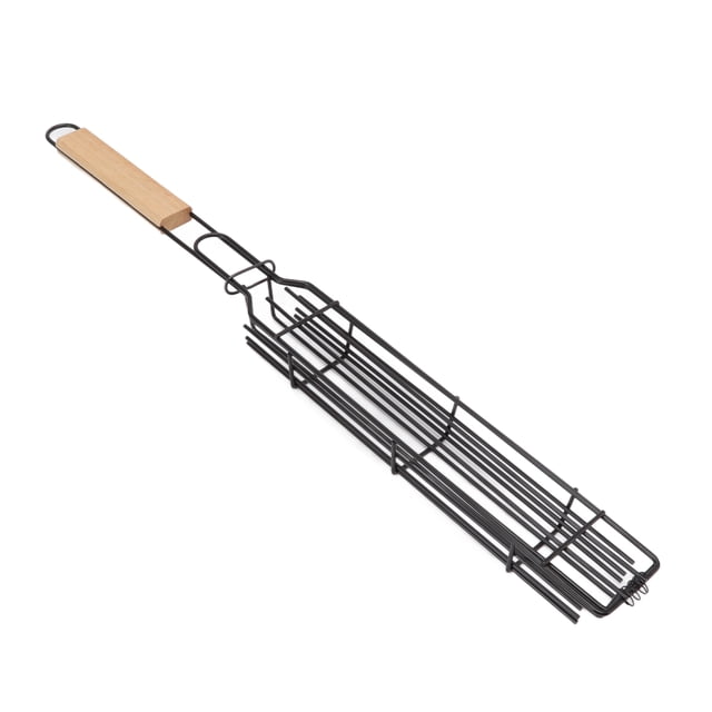 Outdoor BBQ Grilling Grate, Portable Iron Lockable Kabob Grilling Baskets Easy To Use Non Messy Wood Handle For Picnicking For Vegetable Wood Color,Red