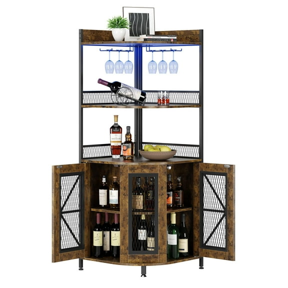 Tall Corner Bar Cabinet With Power Outlet,Industrial Corner Cabinet With Wine Storage,5-Tiers Liquor Cabinet Bar With Glass Holder,Corner Display Bar Unit For Home Living Room