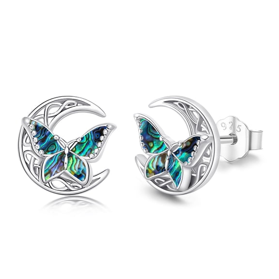 Coachuhhar Abalone Butterfly Stud Earrings 925 Sterling Silver Celtic Moon Earrings Irish Celtic Jewelry Gifts for Women