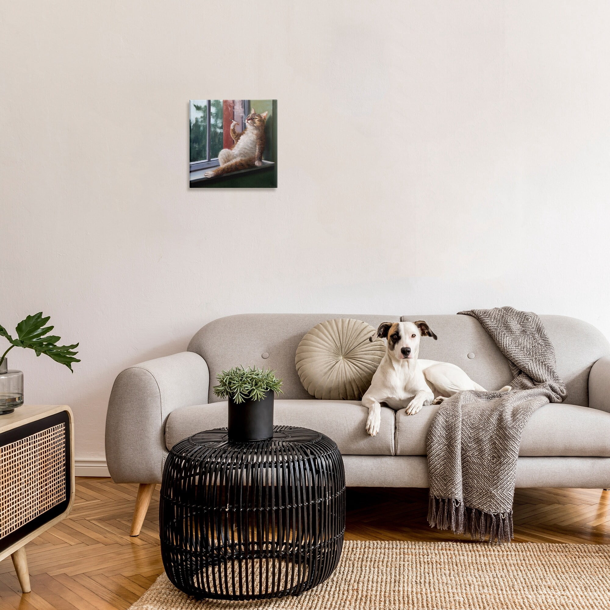 House Cat Smoking Lounging in Window Pane Animals & Insects Gallery-Wrapped Canvas Print Wall Art, 17x17