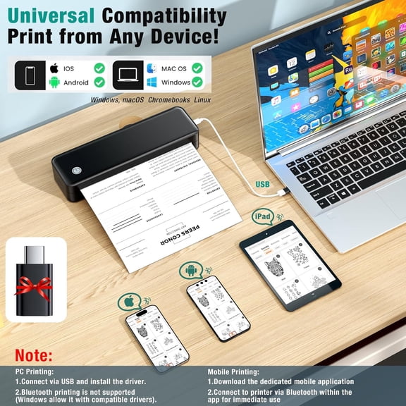 Portable Wireless Thermal Printer Inkless for Travel Supports 8.5x11 Paper iOS Android