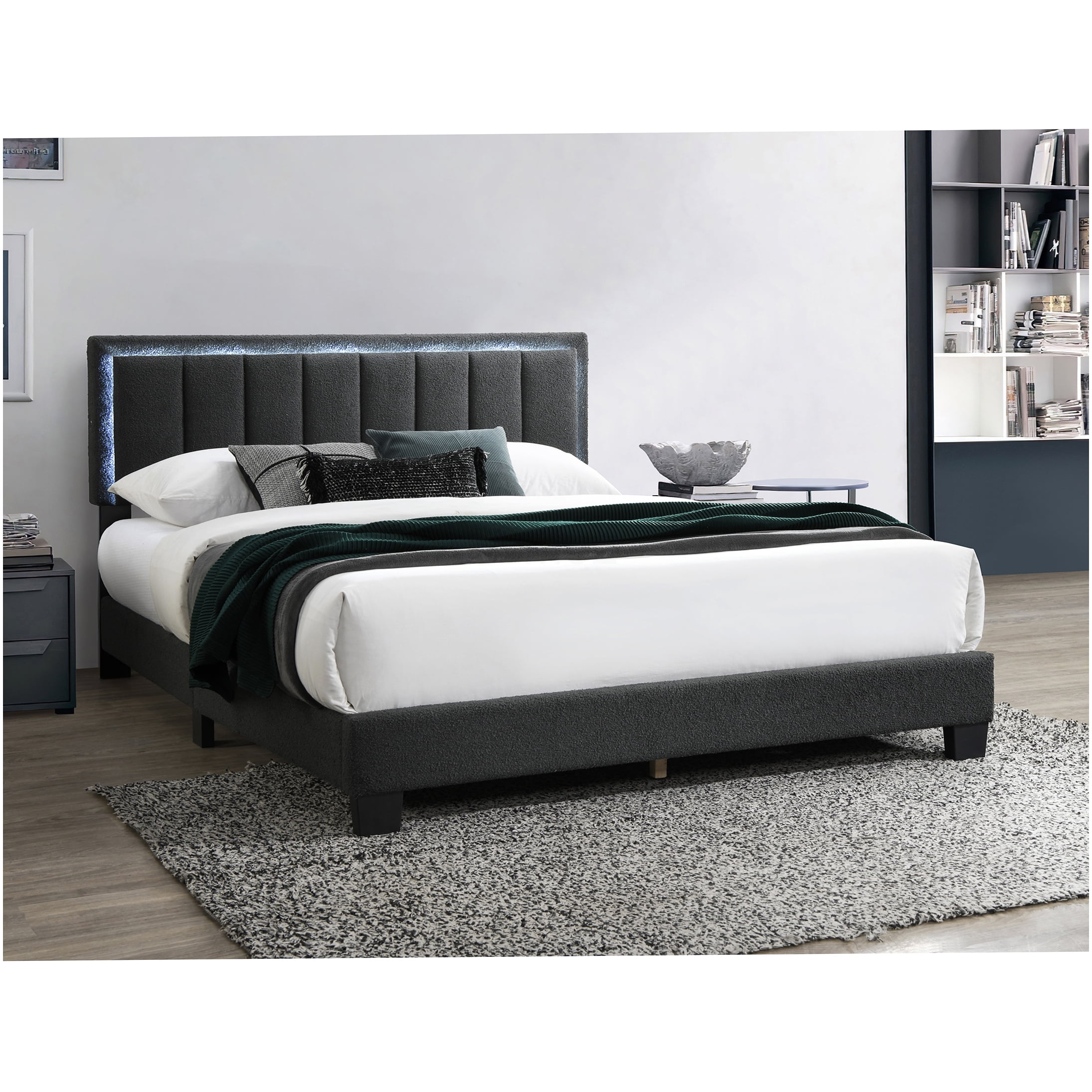 Queen Size Upholstered Bed Frame with LED Headboard, Channel Tufted Fabric Platform Bed, Modern Bedroom Furniture