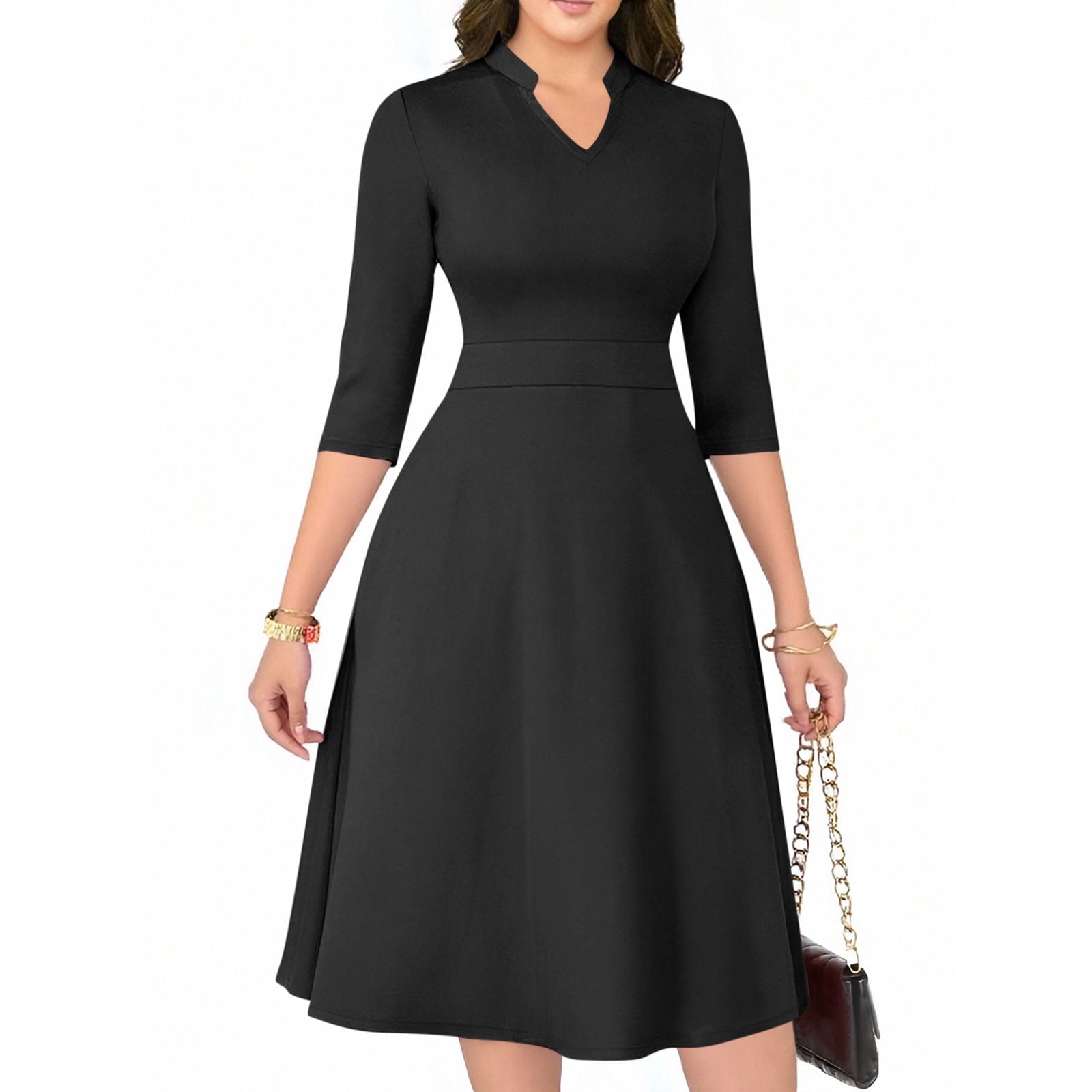 2025 Casual Dresses for Women Semi Formal Flare Dress 3/4 Sleeve V Neck A-line Church Work Dress with Pockets