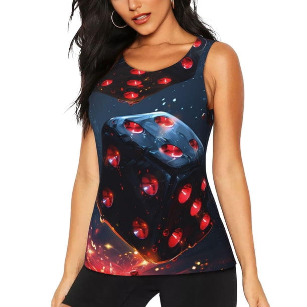 Fotbe Cosmic Red Sparkle Dice Blusas Sin Mangas para Mujer – Estilo Casual, Corte Suelto, Slim-Fit, Cuello Redondo Deportivo, Tops de Verano para Gimnasio y Yoga-XX-Large