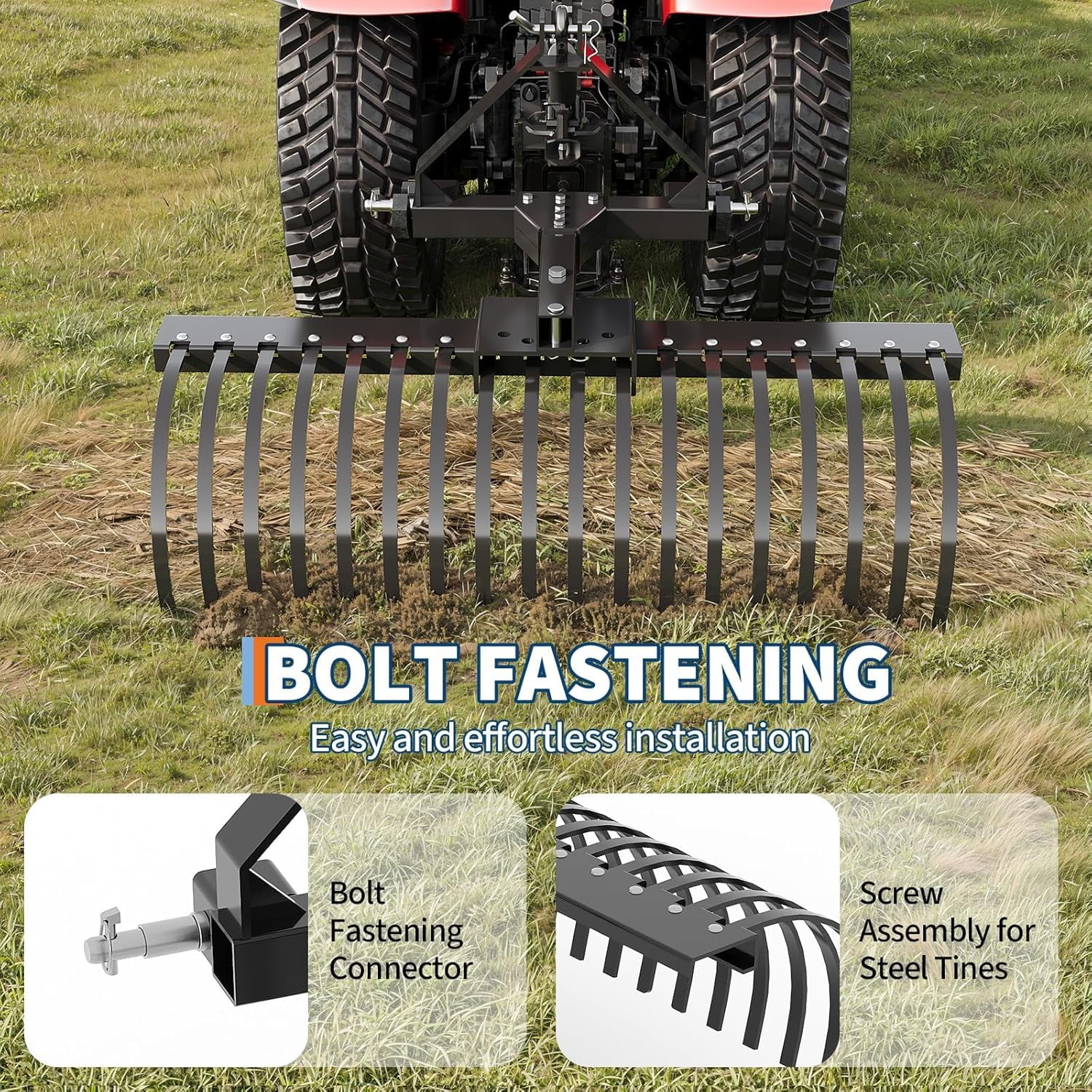 Acekid 50 Inch Landscape Rake for Tractor - 3-Point Tow Behind Dethatcher with 18 Steel Tines, Black