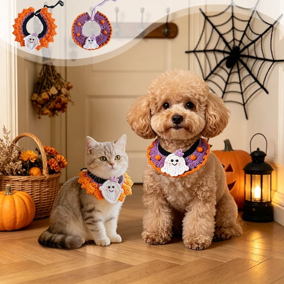 KKOUHVY Halloween Knitted Pet Collar, Halloween Ghost Cat Dog Knitted Collar, Dog Cat Collars for Kitties Small Medium Dogs Party Outfit, Purple(L)