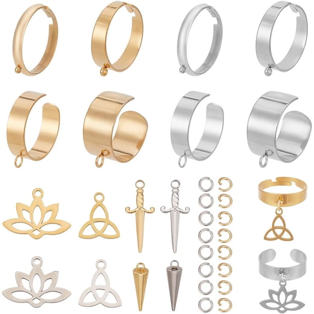 1 caja de 8 juegos de anillos de acero inoxidable con dijes, anillos con dijes a granel, flores de loto de plata dorada, dijes de cono, juego de anillos de metal de estilo francés ajustables.
